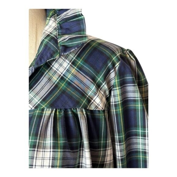 CK Bradley Shirt Women Large Navy Blue Plaid Collared Ruffle Cuff Popover Preppy - Picture 7 of 12